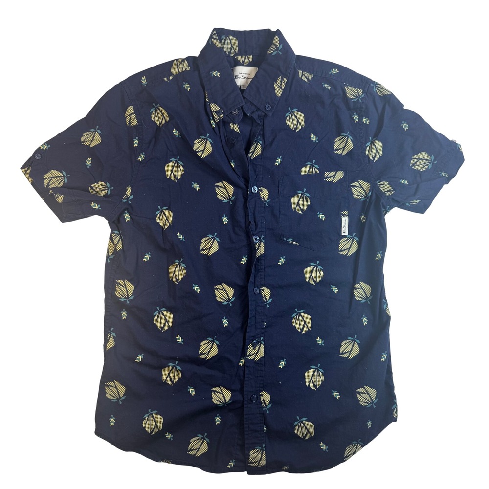 Ben Sherman Mens Small Button Down Short Sleeve Shirt Navy Pattern Floral
